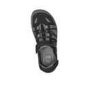 The Teva Men’s Omnium 2 Hybrid Black sandal features quick-drying black and gray mesh, a closed toe, adjustable heel strap, and bungee lacing—an ideal outdoor adventure shoe—shown from above on a white background.