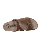 The MEPHISTO Womens Hannel Sandals in dark brown leather feature two adjustable buckle straps, a suede footbed with AIR-RELAX technology, and are shown from above on a plain white background.
