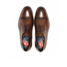 A pair of FLUCHOS Mens Asgard F1885 Brown leather lace-up dress shoes with black soles and red insoles showing the logo, viewed from above.
