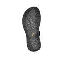 The Teva Mens Omnium 2 Hybrid Black sandal features a black sole with geometric tread, a yellow Teva logo at the center, and is designed for quick-drying performance—ideal for outdoor adventure. Shown from the bottom against a white background.