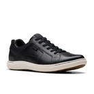 The CLARKS Mens Mapstone Lace Wide Black/White sneaker features black leather, a comfort footbed, white sole, black laces, and subtle stitching details, displayed angled on a white background.