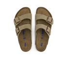 A pair of Birkenstock Women's Arizona Soft Footbed Taupe Suede sandals with two adjustable straps and buckles, side by side on a white background. The brown soft footbed features blue BIRKENSTOCK branding.