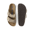 Birkenstock Women's Arizona Soft Footbed Taupe Suede sandals by BIRKENSTOCK, featuring soft suede, a cushioned footbed, two adjustable straps, and dark brown textured soles; shown from top and bottom on a white background.