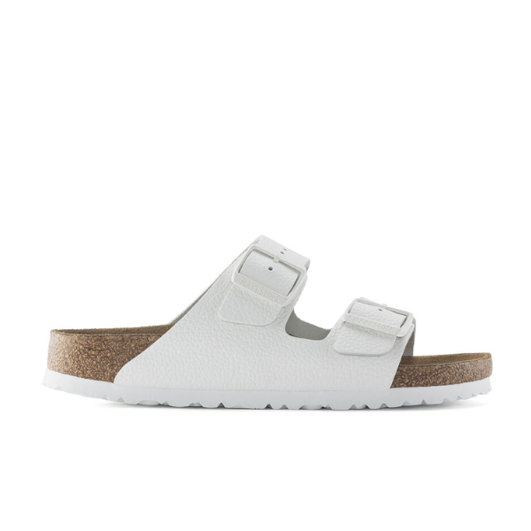 The BIRKENSTOCK Womens Arizona Soft Footbed White sandal features two adjustable buckle straps and a cushioned footbed for comfort, shown from the side on a white background.