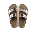 A pair of BIRKENSTOCK Womens Arizona Soft Footbed Leather Sandals in White Copper, featuring two adjustable buckle straps, a soft tan suede footbed, and cork soles, shown from above on a white background.