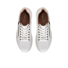 The CLARKS Womens Nalle Lace White sneakers feature white leather, brown insoles, a Contour Cushion footbed for pain relief, gold eyelets, and a zip-up design, shown from above on a plain white background.