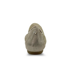 Rear view of the Revere Womens Nairobi Beige/Champagne flat shoe by REVERE, featuring a taupe textured finish and metallic logo near the heel—stylish ballet flats designed for comfort and relief from foot pain.