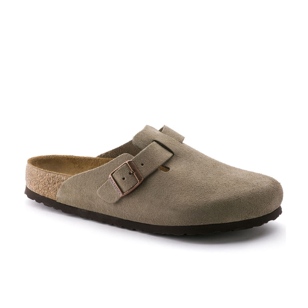 The BIRKENSTOCK Mens Boston Soft Footbed Taupe clog features velvety suede, an adjustable strap with metal buckle, a cork midsole, soft footbed, and a dark rubber sole, shown from a slight angle.