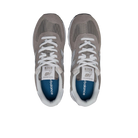 Top view of New Balance Mens 574 Core Neutral shoes in gray with white laces, white midsoles, and navy blue insoles. Features NEW BALANCE branding on the tongue and insole—versatile footwear for any occasion.