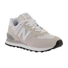 The New Balance Womens 574 Core in White/Grey features a suede and mesh upper, white laces, black rubber sole, and is shown from a side angle on a white background.