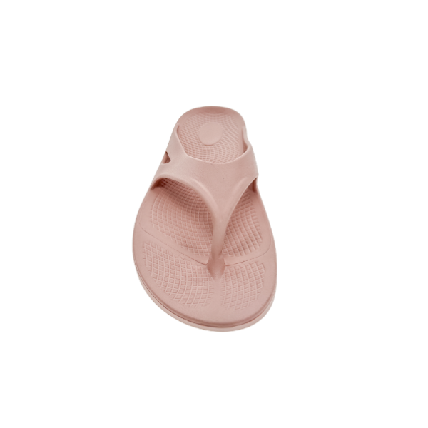 The Sovella Womens PF Thong Pink sandal by Sovella is a single pink flip-flop with arch support, shown from above and isolated on a white background.