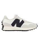 The New Balance Womens 327 White/Black running shoe features a retro design with a white and beige upper, prominent black N logo, and thick black sole, showcased from the left side.