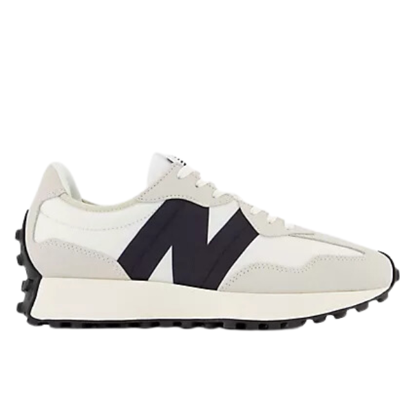 The New Balance Womens 327 White/Black running shoe features a retro design with a white and beige upper, prominent black N logo, and thick black sole, showcased from the left side.