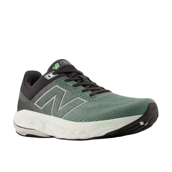 The New Balance Mens Fresh Foam 860v14 Wide in Green/Grey features a mesh upper, black laces, white sole, signature N logo, and Fresh Foam X midsole with Stability Plane technology for added support.