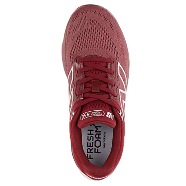 Top view of a single New Balance Women's Fresh Foam 860v14 Red/White stability running shoe, featuring mesh material, white accents, and visible Fresh Foam X branding on the insole.