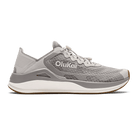 The OLUKAI Mens Ahi Ash/Sterling sneaker features a gray textured upper, white laces, and a white midsole, offering barefoot comfort. Shown from the side on a transparent background.