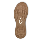 The OLUKAI Mens Ahi Ash/Sterling features a brown sole with textured patterns, a white hook-shaped logo, black edging, and geometric grooves for traction—designed for barefoot comfort and perfect for Waterman Footwear fans.