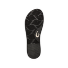 The OLUKAI Womens La‘i T–Bar Lava Rock features a black wavy-textured sole with a light-colored hook logo near the arch, seen from the bottom on a white background—perfect for those seeking comfortable T-Bar sandal style.