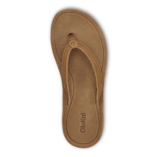 The OLUKAI Womens Southshore Toffee sandal features a brown leather upper, toe thong design, Olukai logo on the insole, Wet Grip Rubber® outsole, and black sole, shown from a top-down view.