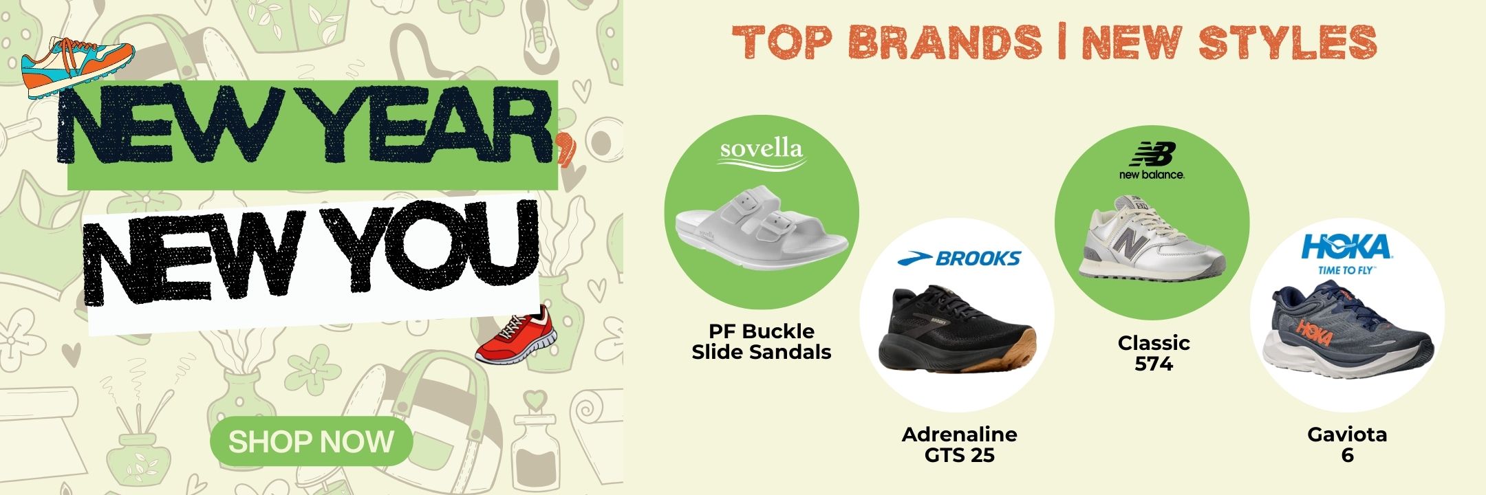 Promotional banner for new year, new you with shoe brand logos and product names.