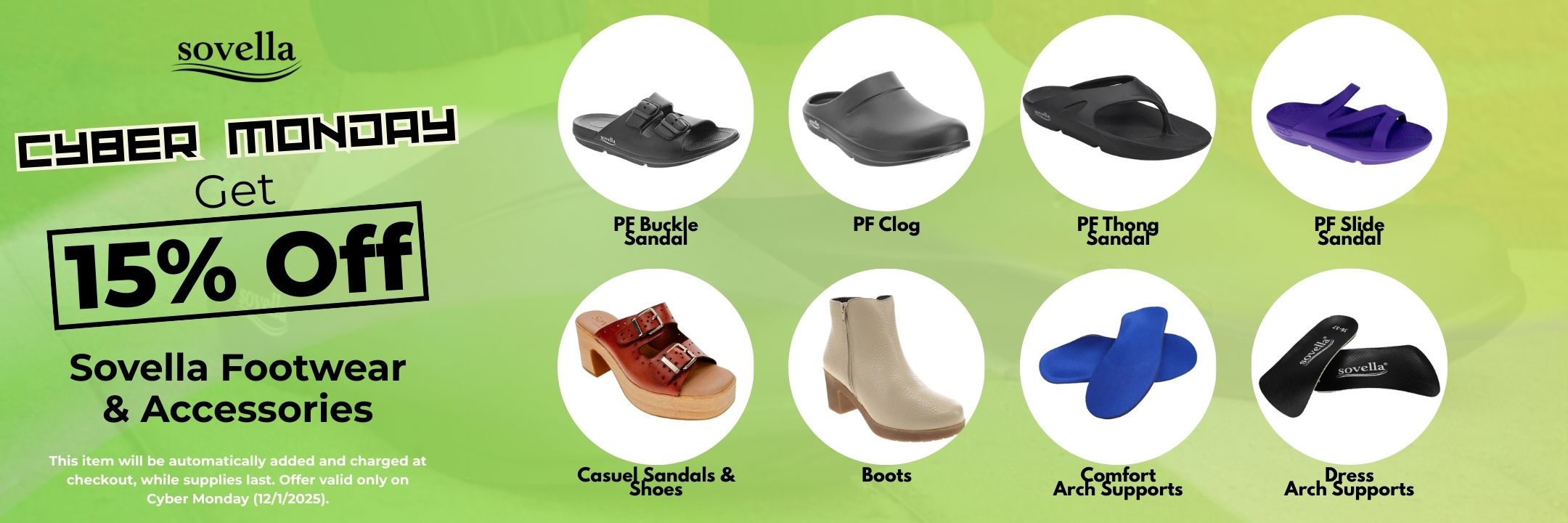 Sovella Cyber Monday promotion with footware and accessories on a green background