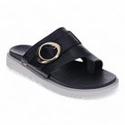 The REVERE Revere Womens Biscay Black is a black open-toe comfort sandal with a thick strap, large gold buckle, and white ridged sole—designed for stylish support.