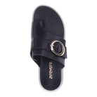 The REVERE Womens Biscay Black is a black leather toe post sandal with a Wide strap, large gold buckle, gold REVERE logo on the insole, white sole, and provides stylish arch support for comfort.