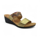 The REVERE Revere Womens Sorrento Gold is a stylish wedge sandal with a gold lower strap, multicolored textured upper, tan footbed, and black wedge heel—ideal for those seeking orthotic comfort.