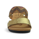 The REVERE Womens Sorrento Gold sandal features a gold metallic toe strap, multicolored woven zigzag instep strap, tan floral footbed, and black sole—stylish comfort to help ease foot pain. Front view shown.