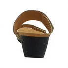 The REVERE Revere Womens Sorrento Gold orthotic wedge sandal features a tan insole, gold and patterned upper straps, and a black wedge heel designed for foot pain relief, shown from the back against a white background.