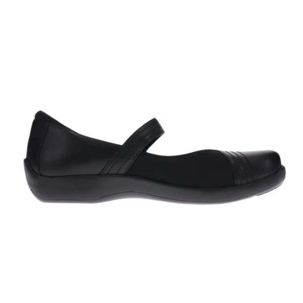 The REVERE Revere Womens Timaru Mary Jane Black is a comfortable womens flat featuring a low heel, rounded toe, and single instep strap, shown in profile against a white background.