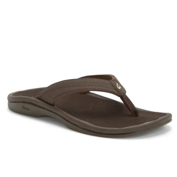 The OluKai Womens Ohana Dark Java is a brown flip-flop sandal with a thick strap and contoured footbed, designed by OluKai for casual wear and lasting comfort.