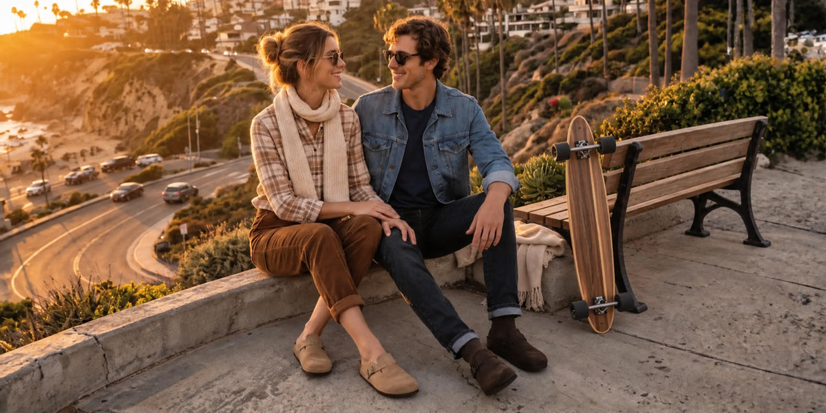 A couple sits by a longboard at sunset, smiling at each other with a coastal town and hills in the background. Lucky Feet Shoes