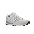 The NEW BALANCE Mens 574 White/Grey running shoe is shown with a large N logo, white laces, and a black rubber sole—engineered for comfort and foot pain relief.