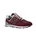 The NEW BALANCE Unisex 574 Magenta is a maroon sneaker with gray accents, white laces, white midsole, black rubber outsole, and a large N logo on the side—designed for comfort and support to help reduce foot pain.