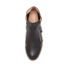 The Django & Juliette Womens Ohmy Black/White bootie features black leather, two silver zippers on each side, a tan stitched sole, and branded insole. Perfect for stylish support and comfort for those with foot pain.