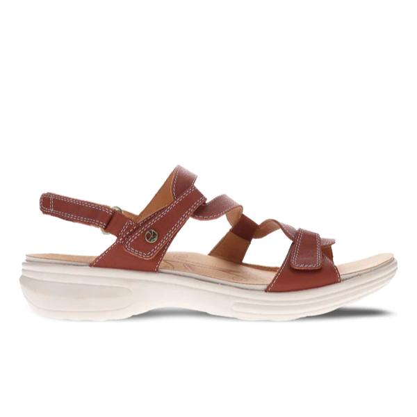 REVERE Revere Womens Emerald Cognac sandals feature luxe brown leather, white stitching, three adjustable foot straps, a buckled ankle strap, and a thick white cushioned sole. Shown left-facing on a white background.