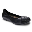 The REVERE Womens Nairobi Black Lizzard ballet flat features a textured, shiny toe cap, soft matte body, low heel, and patterned insole for stylish comfort and all-day foot pain relief.