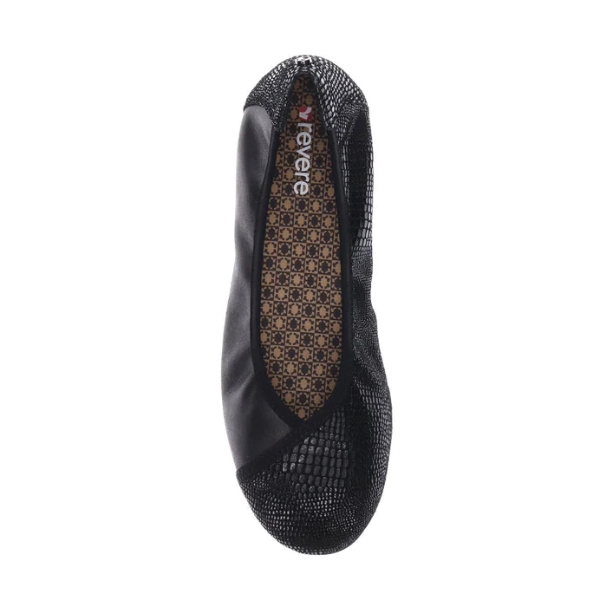 The Revere Womens Nairobi Black Lizzard ballet flat by REVERE features a textured toe and heel, smooth sides, and a patterned insole with the brand logo—designed for stylish comfort and effective foot pain relief.