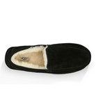 A top view of the UGG Mens Ascot Slipper Black shows its cream-colored shearling lining and comfortable loafer design, with the UGG logo displayed on the insole near the heel.