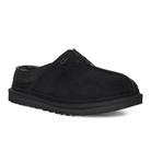 The UGG Mens Neuman Slipper Black features black suede, a closed toe, decorative heel stitching, and a textured Treadlite by UGG rubber sole. Displayed on a white background.