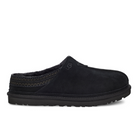 The UGG Mens Neuman Slipper Black features black suede, patterned heel trim, soft UGGpure wool lining, a textured Treadlite by UGG rubber sole, and an embroidered side logo.