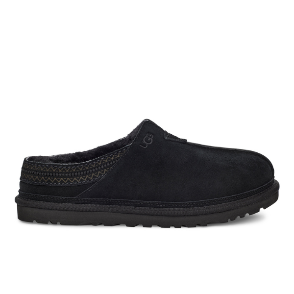 The UGG Mens Neuman Slipper Black features black suede, patterned heel trim, soft UGGpure wool lining, a textured Treadlite by UGG rubber sole, and an embroidered side logo.
