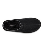 A top view of the UGG Mens Neuman Slipper Black highlights its black suede exterior, plush UGGpure™ wool lining, closed toe with open heel, visible stitching details, and the UGG logo on the footbed.