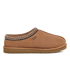 The UGG Mens Tasman Slipper Chestnut features brown suede, a light brown durable outsole, decorative stitching on the collar, the UGG logo on the side, and provides both style and foot pain comfort.