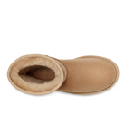 Top-down view of a single UGG Womens Classic Short II Boot in Mustard Seed suede with a rounded toe and plush beige shearling lining. Designed for cold weather comfort, this boot may help relieve foot pain.