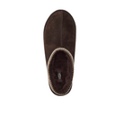 Top view of a single UGG Mens Tasman Slippers Brown by UGG, showcasing a dark brown suede upper, plush sheepskin lining, and decorative stitching along the opening on a white background.