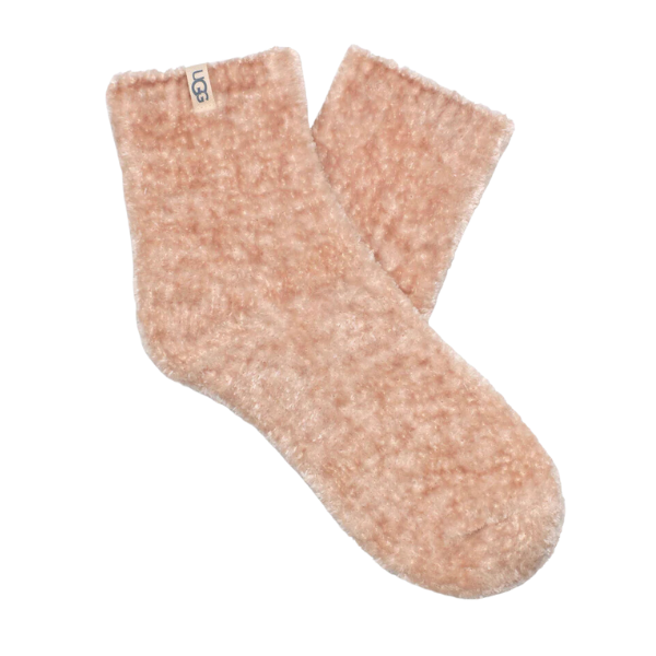 The UGG Women's Leda Cozy Quarter Sock in Moonbeam features a soft, fuzzy texture with a small UGG logo tag on the cuff, perfect for cozy comfort and warmth.