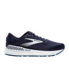The BROOKS Mens Beast GTS 24 Wide Navy is a navy athletic running shoe with a white sole, gray accents, maximum support, breathable mesh upper, supportive heel, and features BROOKS and BEAST GTS branding.