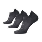 The BROOKS Unisex No Show 3-Pack Grey features three pairs of grey low-cut athletic socks with heel and toe cushioning, displayed side by side on a white background for enhanced active wear comfort.